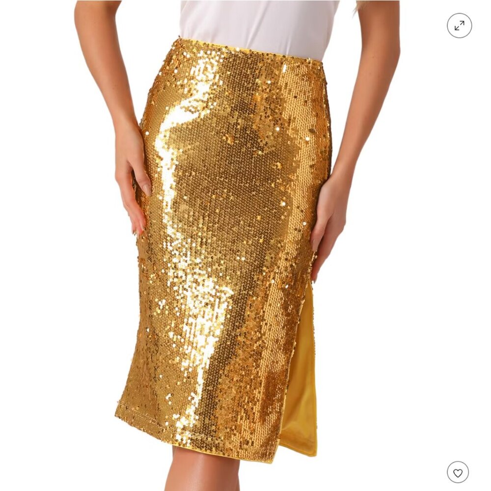 Allegra K Sequin Champagne Gold Side Slit High Waist Party Midi Skirt L